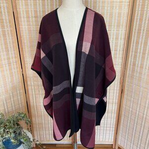 D&Co Burgundy & Black Plaid Open Front Poncho Cape XL/1X
